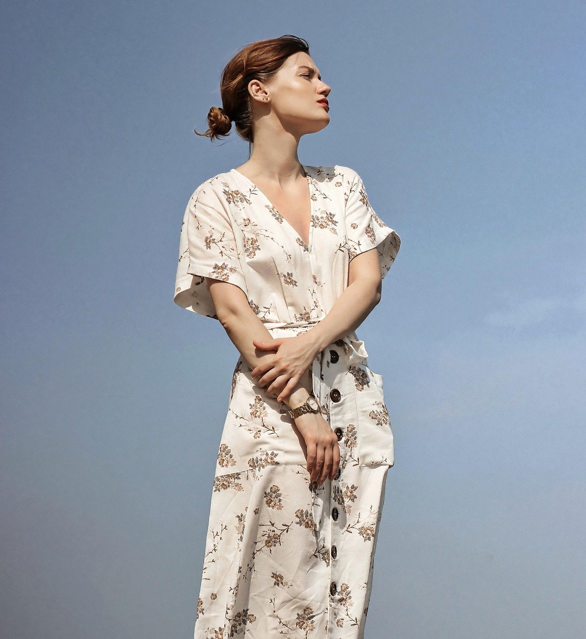 Home woman, portrait, model, dress, fashion, style, nature, stylish, outfit, stylish woman, female model, fashion model, young, floral dress, female portait, sky, look away